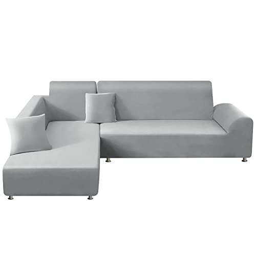 ShowyLive Juego de 2 Fundas Sofas 3 Plazas Ajustables Funda Cubre Sofá Chaise Longue Elásticas para Forma L Extraíbles Lavables (3 Plazas+3 Plazas, Gris Claro)