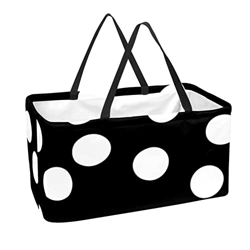 Bolsa de compras plegable grande, reutilizable, diseño de lunares, color blanco y negro