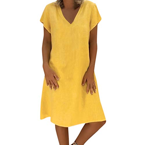 VEMOW Vestido de Las Mujeres del Estilo del Verano del Vestido Femenino de Las Mujeres del algodón Ocasional más el Vestido de Las señoras del tamaño(C Amarillo,2XL)