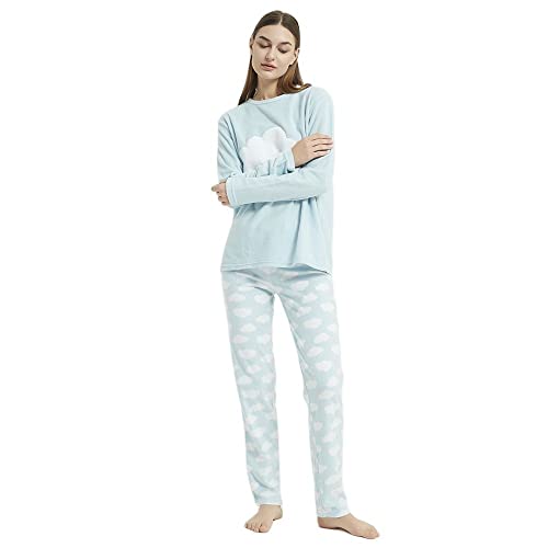 PimpamTex Pijama Polar Mujer para Invierno Suave y Calentito, Conjunto de Pijama Súper Cómodo para Dormir y Estar en Casa - (M, Nube Celeste)