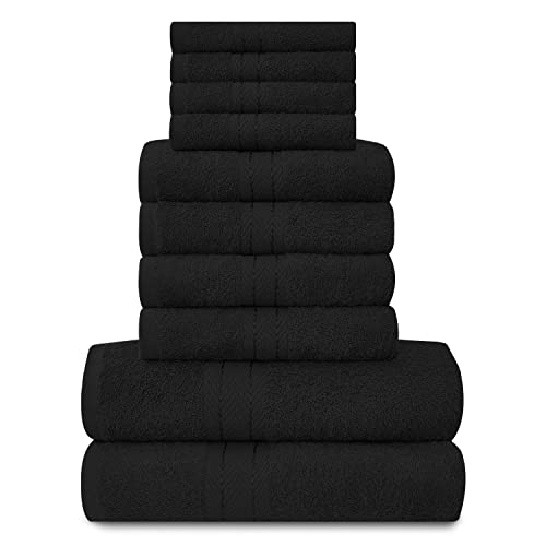 Lions Towels 544647 - Juego de 10 piezas 100% algodón egipcio, 4 caras, 4 manos, 2 toallas de baño, accesorios de baño altamente absorbentes de agua, lavables a máquina, color negro, 544647