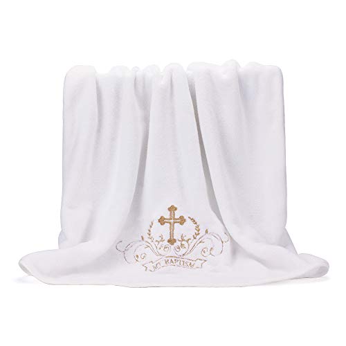 Lacofia Toalla de bautizo Manta de bautismo para bebés unisex,Bordado cruz blanco y dorado,Tamaño de la toalla de baño completo 150 * 75 cm