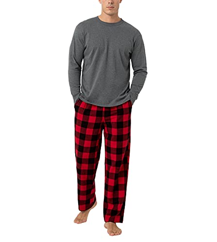 LAPASA - Pijama Hombre Invierno 100% Algodón Franela Pantalones a Cuadros Pijama Largo Camiseta y Pantalón de Pijama M79 L Cuadro Gris + Negro y Rojo