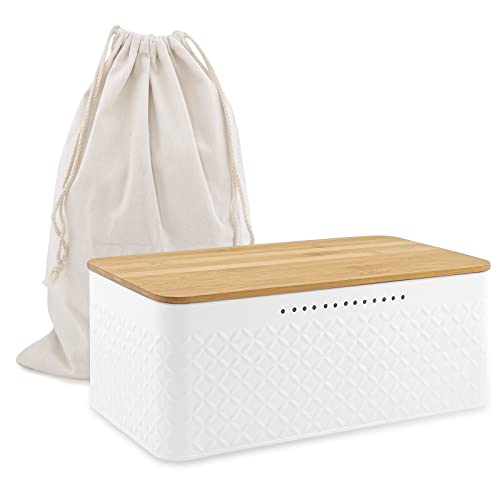 Panera para pan, pan con tapa de bambú [función 2 en 1], se puede utilizar como tabla de cortar, de acero al carbono para una larga frescura, recipiente para pan y bolsa de pan (33,2 x 19 x 13 cm)