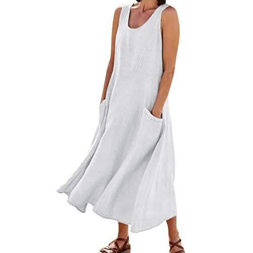 Vestido para Mujer 2022 Casual sólido algodón Lino Vestido sin Mangas con Bolsillo Vestido Suelto Maxi Vestido Toalla Vestido