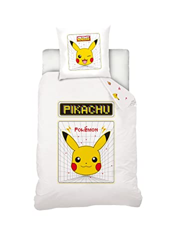 Sahinler Funda nórdica Pokémon Pikachu Retro 140 x 200 cm + funda de almohada Pikachu 63 x 63 cm, color blanco - 100% algodón amarillo 22070281B