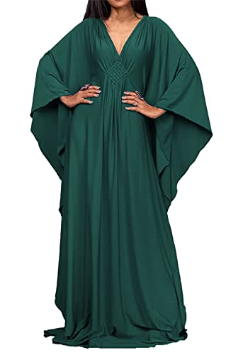 JFAN Caftan Vestido de Playa Mujer Largo Kaftan Vestidos Scollo a V Talla Grande Kimono de Verano Maxi Pareo para Mujer(Verde Oscuro,Talla única)