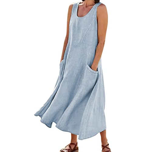 Vestido para Mujer 2022 Casual sólido algodón Lino Vestido sin Mangas con Bolsillo Vestido Suelto Maxi Vestido Toalla Vestido Surf