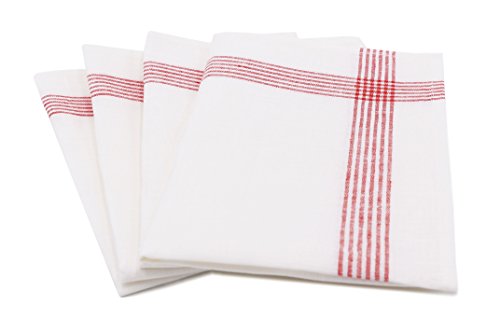 ZOLLNER 4 paños de cocina de lino 100%, 50x70 cm, blancos con rayas rojas