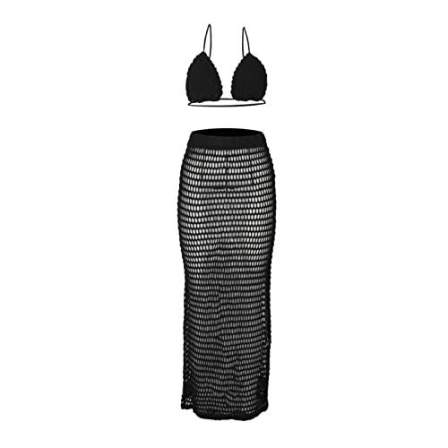 MNRIUOCII Bikini Cover Up - Vestido de playa para mujer, de punto a mano, para playa, sexy, de malla de dos piezas, ropa de verano, Negro , XL