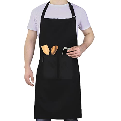 LEFUNDA® Delantal de Cocina Impermeable con 3 Bolsillos Ajustable, Delantal de Barbacoa con Correas Largas, Delantal de Cocina para Hombres y Mujeres, Cocinar, Restaurante, Café, Hornear (Negro)