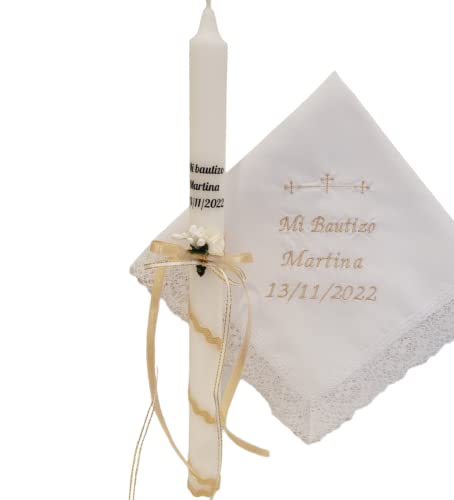 Deco-shop Set bautizo beige personalizado con vela y pañuelo bordado 35 cm. (Setpersonalizado)