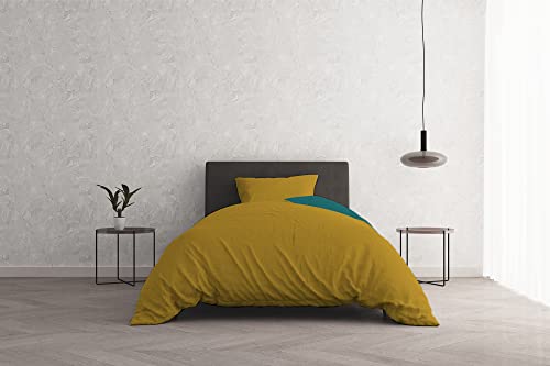 Italian Bed Linen Funda nórdica Natural Color, Algodón, OCRA/Verde Botella, Plaza y Media