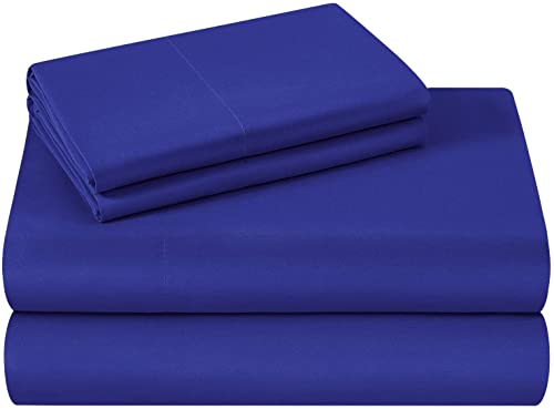 Juego de sábanas de 4 piezas, 600 hilos, 100% algodón egipcio, totalmente elástico en sábana bajera de 30 cm de profundidad, azul real, tamaño individual