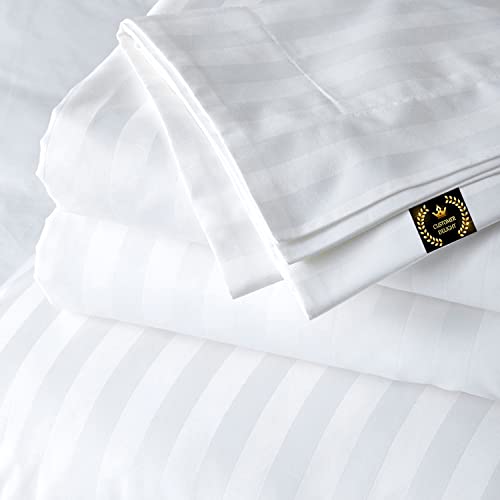 CUSTOMER DELIGHT Juego de sábanas de lujo 100% algodón egipcio de 1000 hilos, 4 piezas, con bolsillo extra profundo, rayas de satén (tamaño King, blanco)