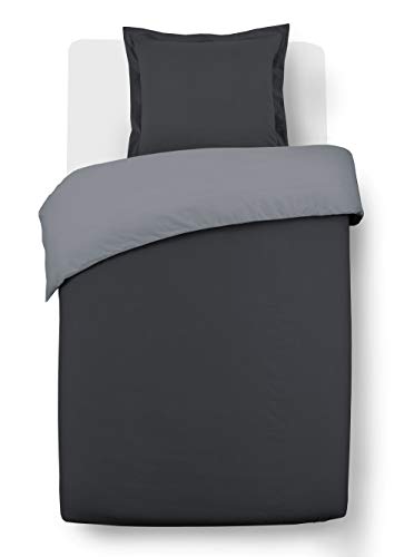 Vision - Juego de funda nórdica de franela antracita/gris – reversible – funda nórdica de 140 x 200 cm con 1 funda de almohada a juego de 65 x 65 cm – 100% algodón franela