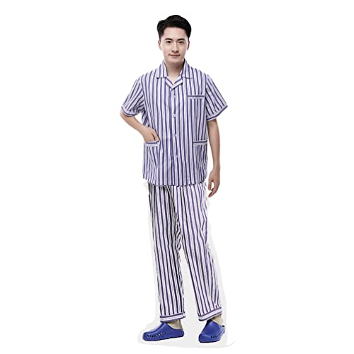 PengGengA Adultos Conjunto de Pijamas de Hospital Solapa a Rayas Abotonado Tops + Pantalones (Azul Hombre | Manga Corta + Cintura elástica, 3XL)