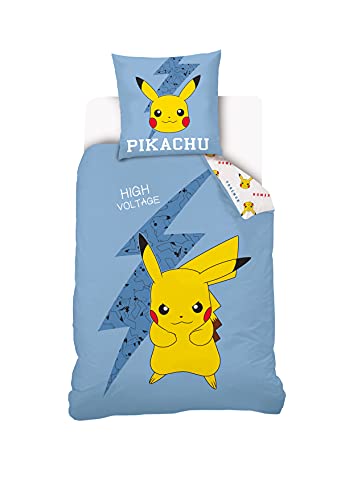 Juego de Cama de Pikachu Reversible para niños, Funda nórdica de 140 x 200 cm y Funda de Almohada de 63 x 63 cm, Color Azul, 100% algodón