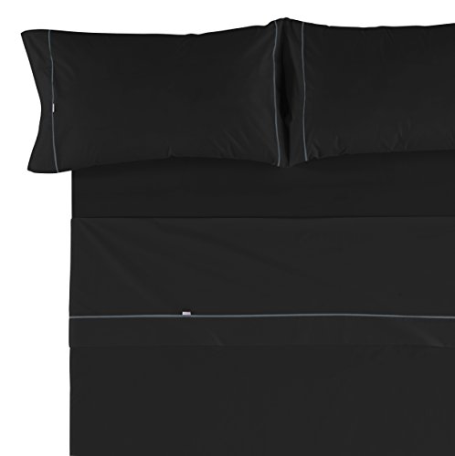 Es-Tela - Juego de sábanas liso con biés, color negro, cama de 150 cm (2 almohadas), algodón-poliéster, 4 piezas