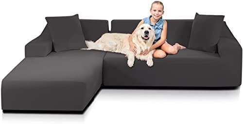 TOPOWN Funda Sofa Chaise Long Impermeable en 30s, Funda Chaise Longue Derecho/Izquierdo 3 plazas + 3 plazas con 2 Fundas de Almohada, Gris Claro