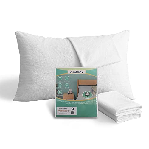 Aimtton Funda de almohada impermeable de 40 x 80 cm – 2 fundas de almohada de algodón con cremallera – Transpirable, hipoalergénica, antiácaros (blanco)