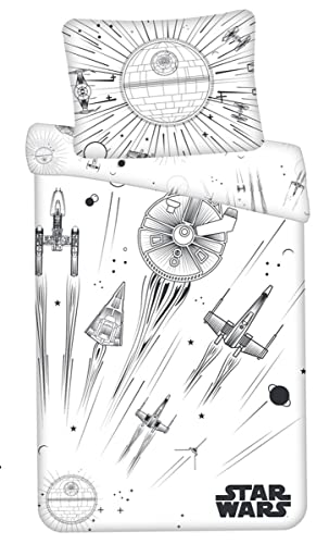 Jerry Fabrics Star Wars Estrella de la Muerte, naves espaciales que brilla en la oscuridad, blanco y negro, edredón de 140 x 200 cm, almohada de 70 x 90 cm, con cremallera, para niños y adultos