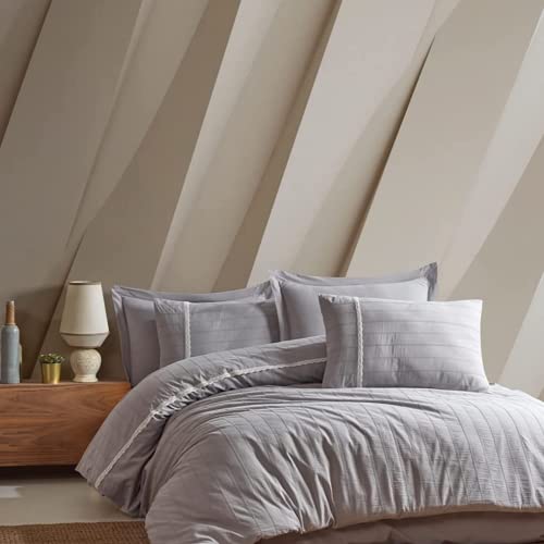 Şaheser Jasmine - Juego de cama de aspecto natural, 100 % algodón, 200 x 220 cm, funda nórdica, sábanas de seda, juego de cama doble, 6 piezas (gris)