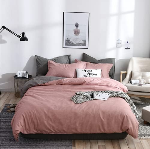 Gezu Funda nórdica de 240 x 260 cm, color rosa y gris reversible liso, juego de cama de microfibra con cremallera, juego de funda nórdica para 2 personas con 2 fundas de almohada de 65 x 65 cm