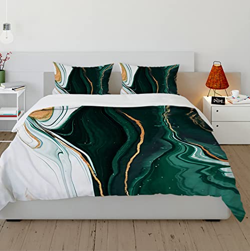 Conjunto de Funda nórdica Verde Esmeralda Funda nórdica con Textura de mármol fluida con 4 Lazos Cubierta de Cama Suave y fácil de cuidar Microfibra 2 Fundas de Almohada 200x220cm