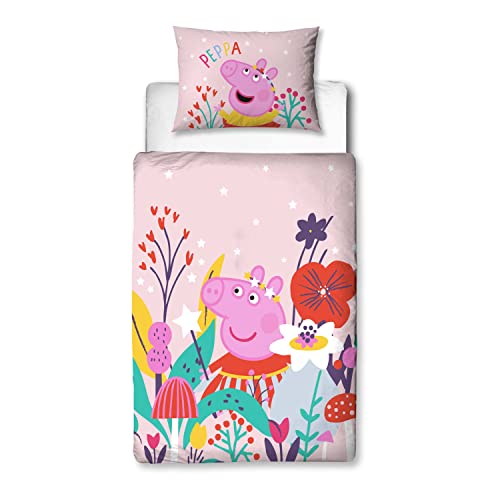 Peppa Pig Juego de funda de edredón para cama infantil con diseño mágico oficial, ropa de cama reversible de 2 caras, incluye funda de almohada a juego, gama de dormitorio de polialgodón (juego de