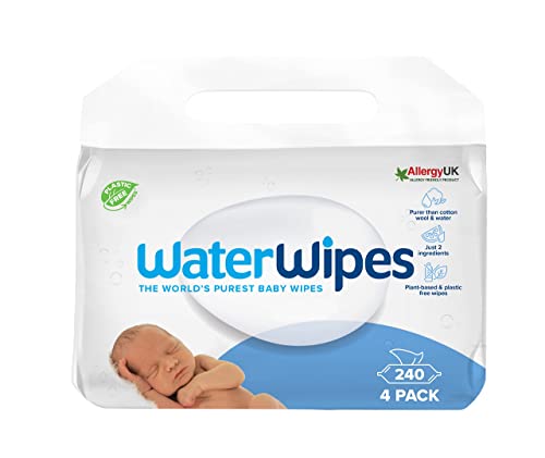 WaterWipes - Toallitas húmedas Originales sin plástico para bebés 240 unidades (4 paquetes), formuladas con un 99,9 % de agua y sin perfume, ideales para pieles sensibles