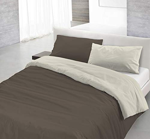 Italian Bed Linen Juego de funda nórdica con funda y fundas de almohada, color natural, 100% algodón, color marrón/crema, doble, 3 unidades
