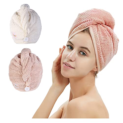 Paquete de 2 toallas de pelo, toalla de secado del cabello con botón, toalla de microfibra para el cabello, gorro de baño (rosa y beige)