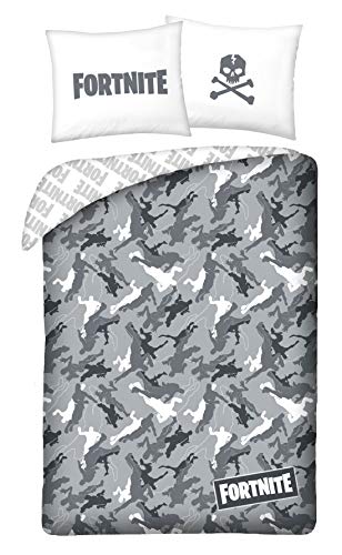 Fortnite 350BL - Juego de ropa de cama (2 piezas, 140 x 200 cm, incluye funda de almohada), color negro y gris y blanco
