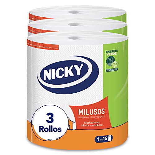 Nicky Milusos Papel De Cocina | 3 Rollos | Hojas De 2 Capas, 535 Hojas Por Rollo | Papel Súper Absorbente Y Resistente | Papel 100% Certificado Fsc, color Blanco, 3759 g