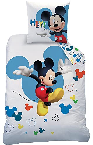 Juego de cama de Mickey Mouse Jump de 135 x 200 cm + 80 x 80 cm, 100% algodón, calidad de linón Disney Wunderhaus Clubhaus Donald Duck Minnie Mouse Ropa de cama infantil tamaño alemán con cremallera