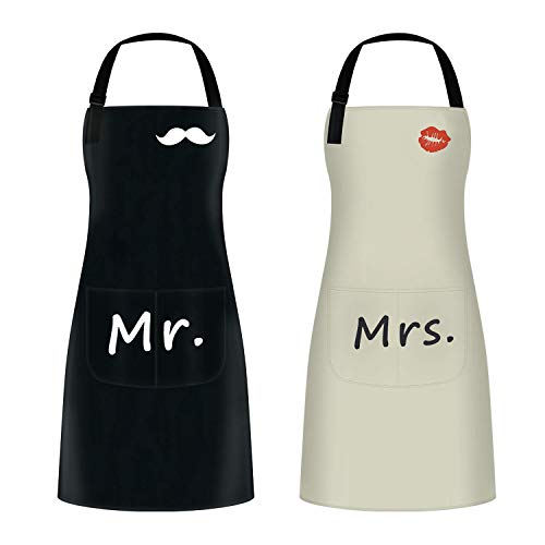 2 Delantales Cocina, Delantales de Chef, Delantales Impermeables Ajustables para Hombres Mujeres, Delantal de Pareja para Bodas, día de San Valentín, día del Padre, día de la madre (Negro y Beige)