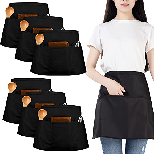 6 Pcs Delantales Cintura, Delantal de Camarero con 3 Bolsillos, Impermeable Delantale de Cocina para Hombre Mujer Chef Camarero Bartender, Delantal Corto para Restaurante Bar Jardinería (Negro)