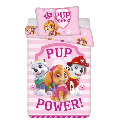 Ropa de cama infantil reversible de la Patrulla Canina Skye Everest Marshall Pup Power rosa, funda nórdica de 100 x 135 cm y funda de almohada de 40 x 60 cm, 100 % algodón