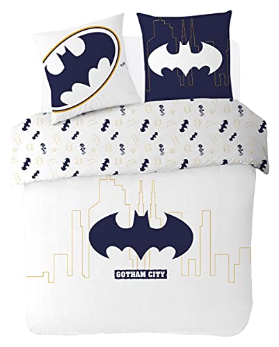 DC Comics Batman - Funda nórdica Gotham City 220 x 240 cm + 2 fundas de almohada de 63 x 63 cm, 2 personas, color blanco