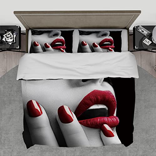 Juego de Ropa de Cama Red Lip Woman Funda de edredón 3 PCS Bedding Sets con 2 Fundas de Almohada Ultra Soft Microfiber Modern Comforter Set Black 240x220cm