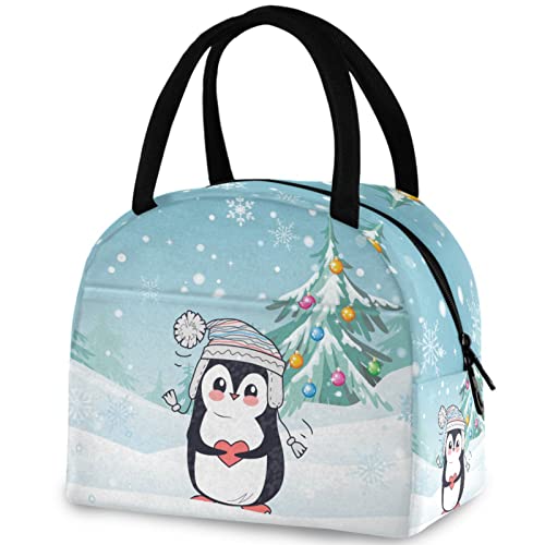 Bolsa de asas para el almuerzo con diseño de pingüino vestido de Navidad con bolsillo frontal, reutilizable, con cierre de cremallera térmica, bolsa de contenedor para la escuela, trabajo, picnic, via
