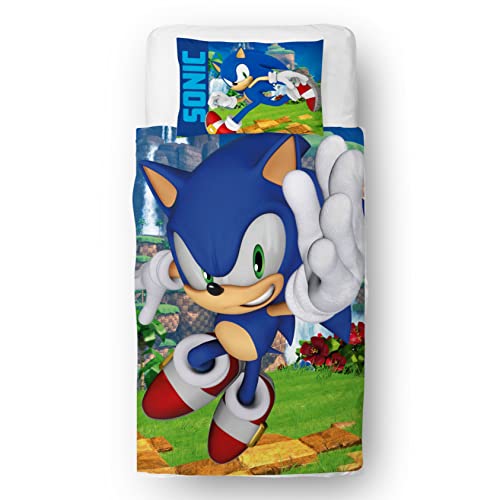 Sonic The Hedgehog Juego de funda de edredón individual con diseño oficial de Moves | Ropa de cama reversible de 2 caras que incluye funda de almohada a juego, polialgodón
