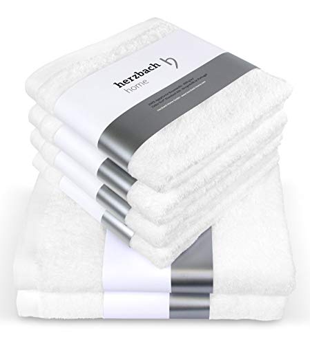 herzbach home Juego de Toallas Premium 6 Piezas (Blanco) - 4 Toallas 50x100cm & 2 Toallas de Ducha 70x140cm, Suave & Toallas absorbentes en algodón Natural (550 g/m²)