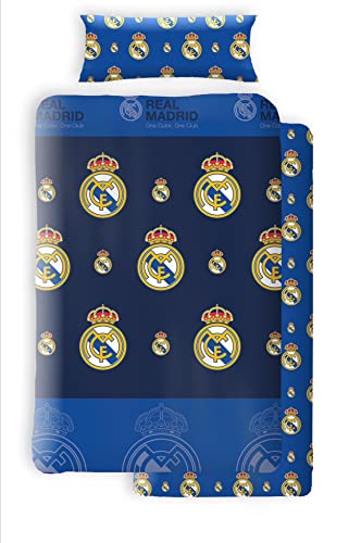 Asditex Juego de Sábanas Coralina Real Madrid, 3 Piezas (1 Sábana Encimera, 1 Funda de Almohada y 1 Sábana Bajera), Diseño con Escudos del Real Madrid Azul. (135 cm)