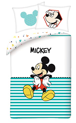 Halantex Juego de cama de Mickey Mouse de algodón, funda nórdica de 140 x 200 cm y funda de almohada de 70 x 90 cm