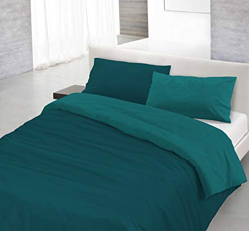 Italian Bed Linen CP-NC Natural Doble Color y Funda de Almohada, Verde Petróleo/Verde Botella, Sìngolo