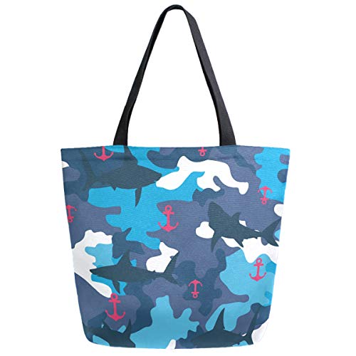 DJNGN Elegante bolso de hombro de lona extragrande con anclas de tiburones de camuflaje azul para gimnasio, playa, fin de semana, viajes, compras
