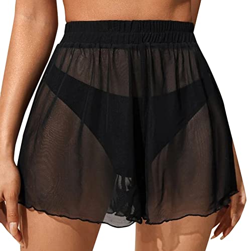 Falda de playa para mujer con volantes, cubierta de falda para playa, bikini brillante, envoltura de playa, para trajes de baño, malla con cordón, cubierta superior, falda tradicional 36, Negro , S