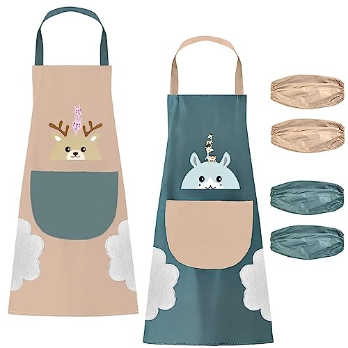 QINERSAW Juego de 2 Delantales para Mujer Lindo Delantal Impermeable con Bolsillo Grande Delantal de Cocina con 2 Pares de Mangas para Cocina Restaurante Bar Riego, Jardinería